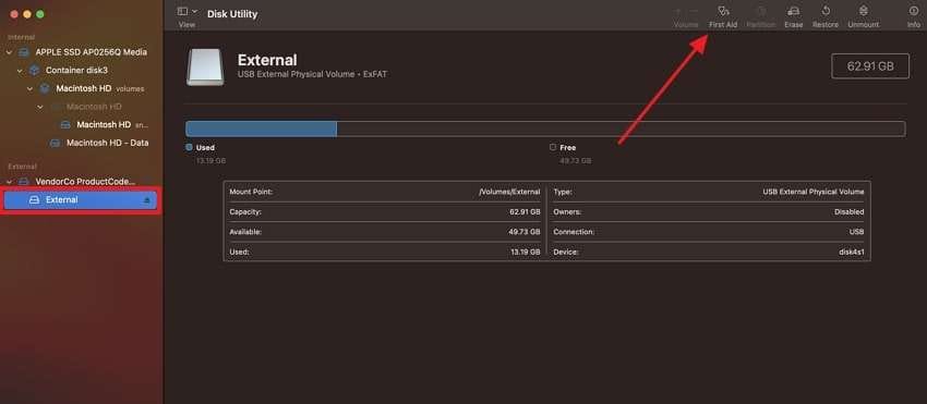 select first aid from disk utility