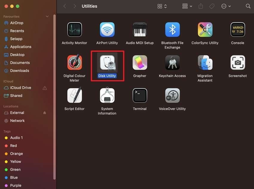 find and tap disk utility