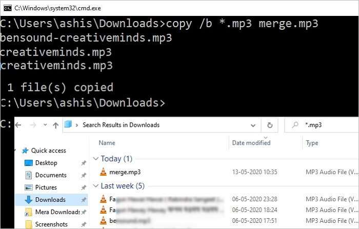 use windows copy command to combine audio