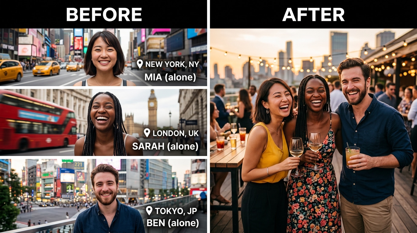 friends in different cities combined into one group photo