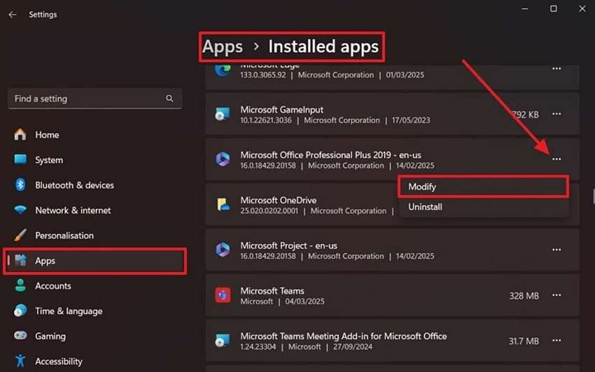 press the modify option