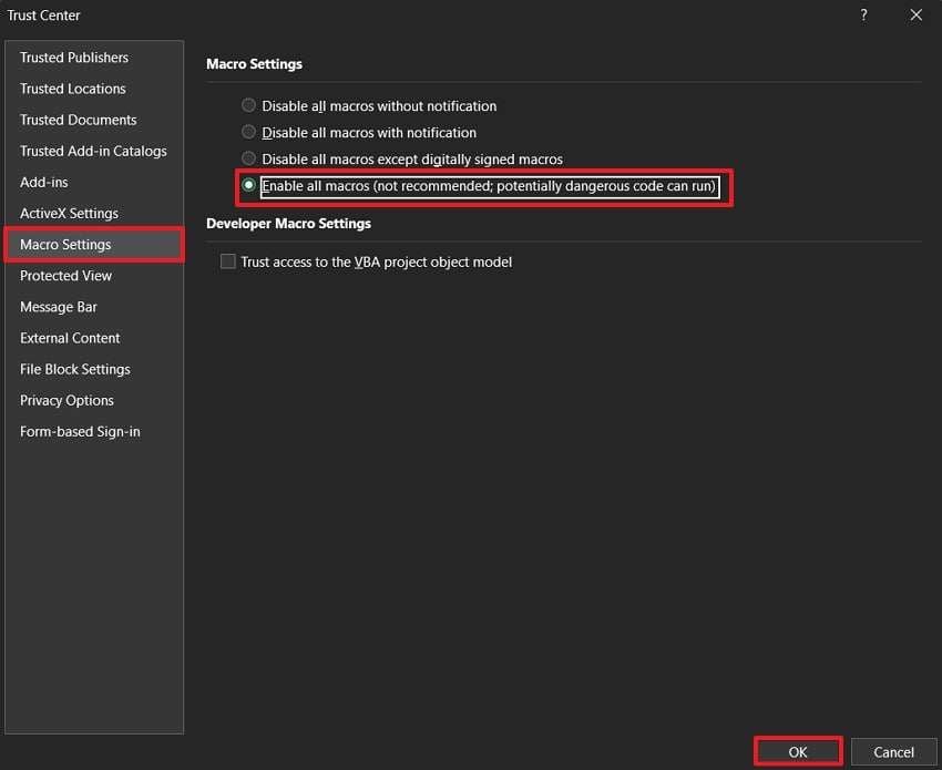 check enable all macros option
