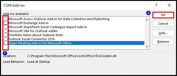 uncheck add-ins in outlook