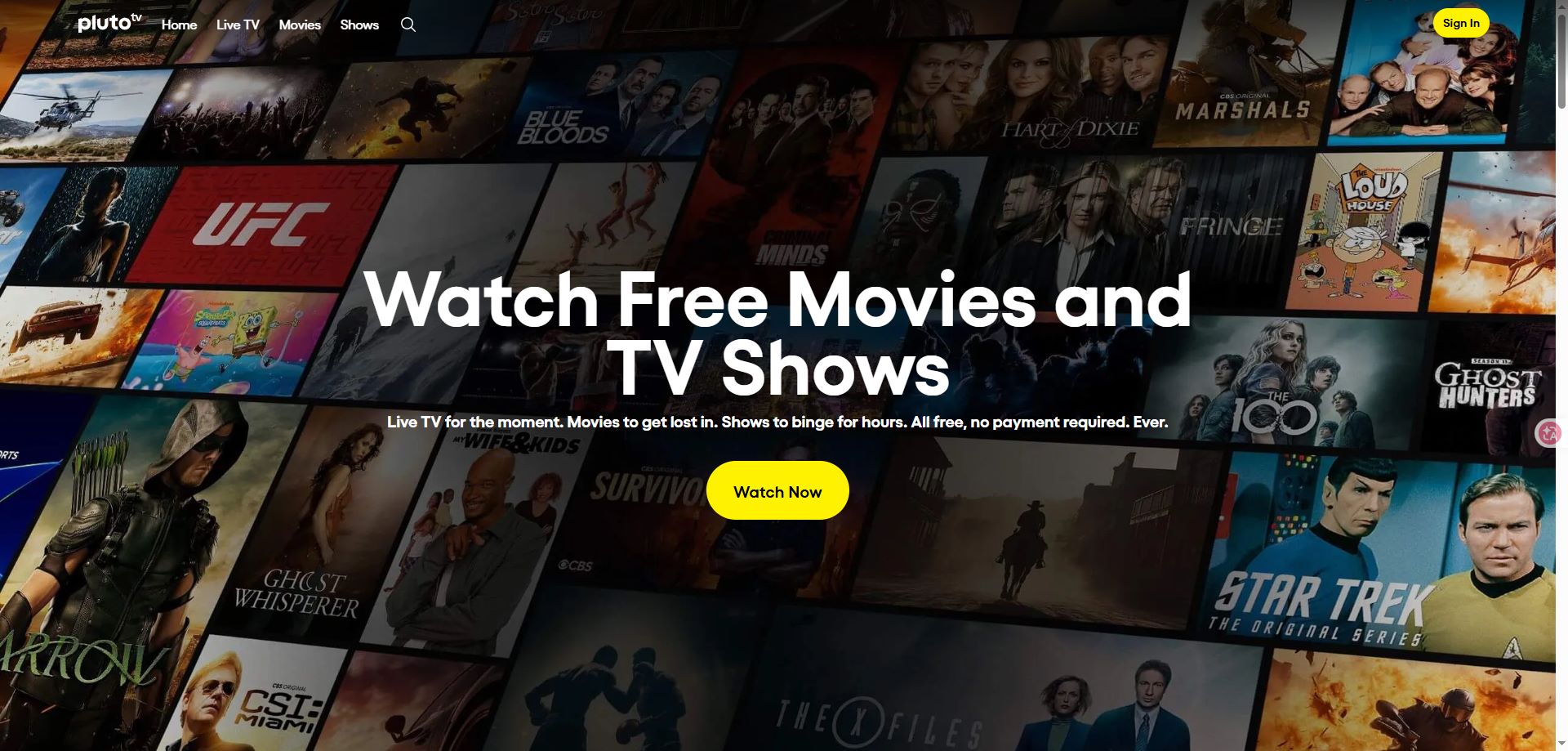 Pluto TV official streaming website screenshot showing its movie and TV browsing experience