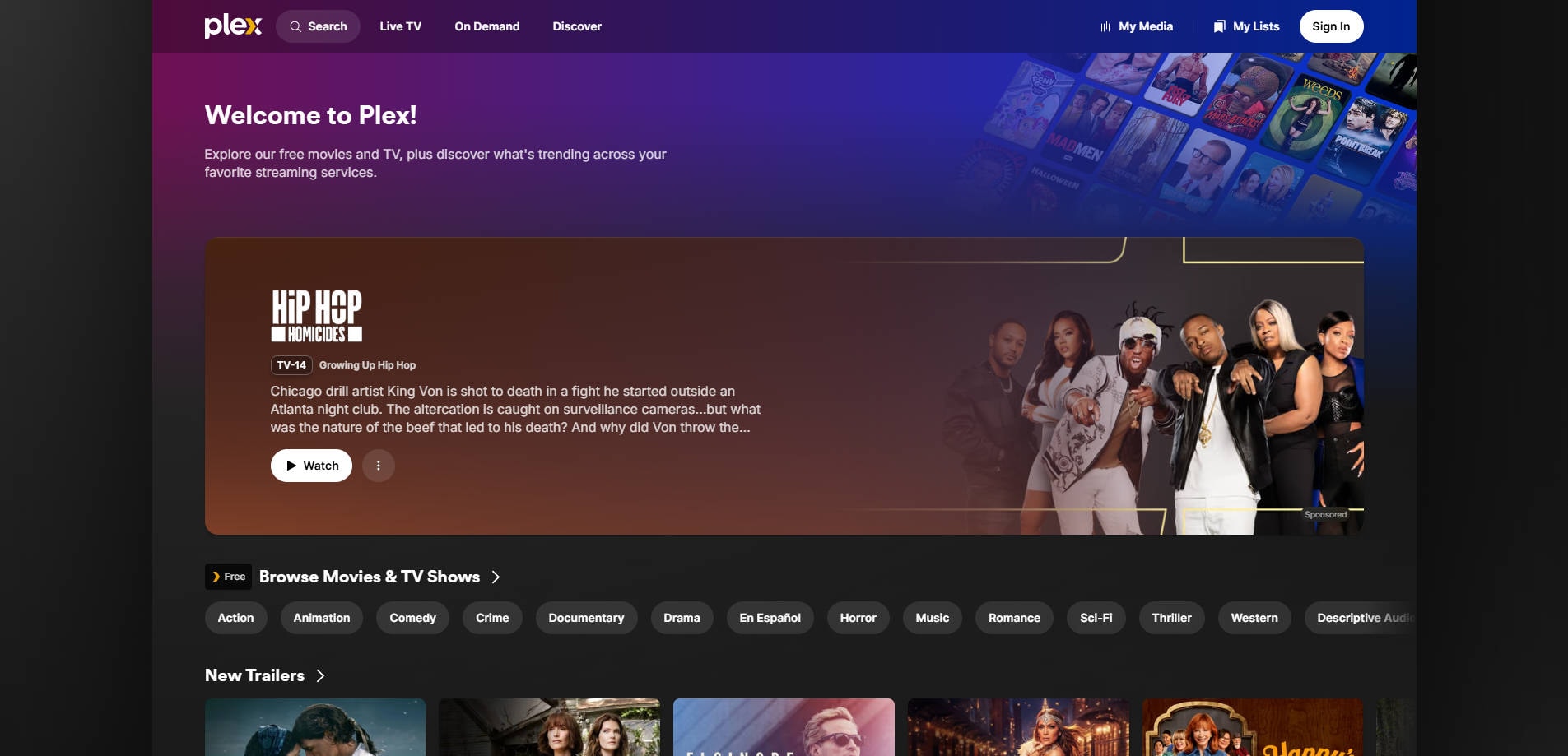 Plex official streaming website screenshot showing its movie and TV browsing experience