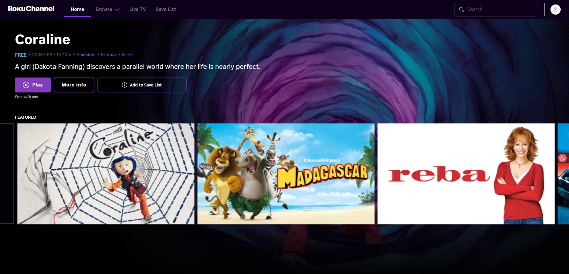 The Roku Channel official streaming website screenshot showing its movie and TV browsing experience