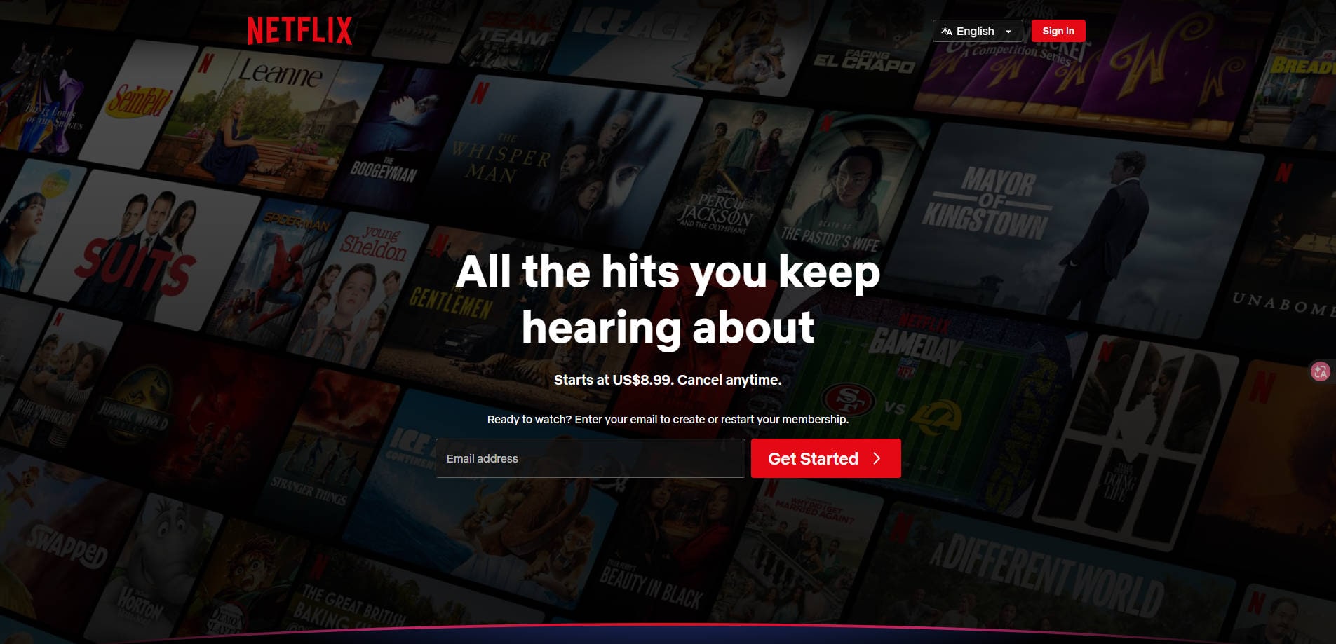 Netflix official streaming website screenshot showing its movie and TV browsing experience