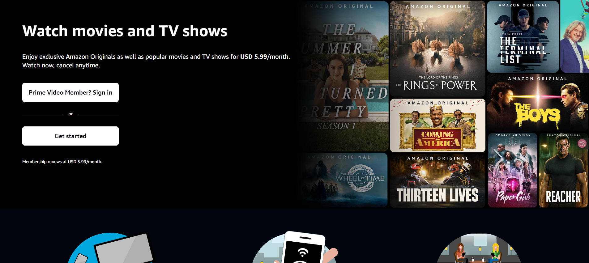 Amazon Prime Video official streaming website screenshot showing its movie and TV browsing experience