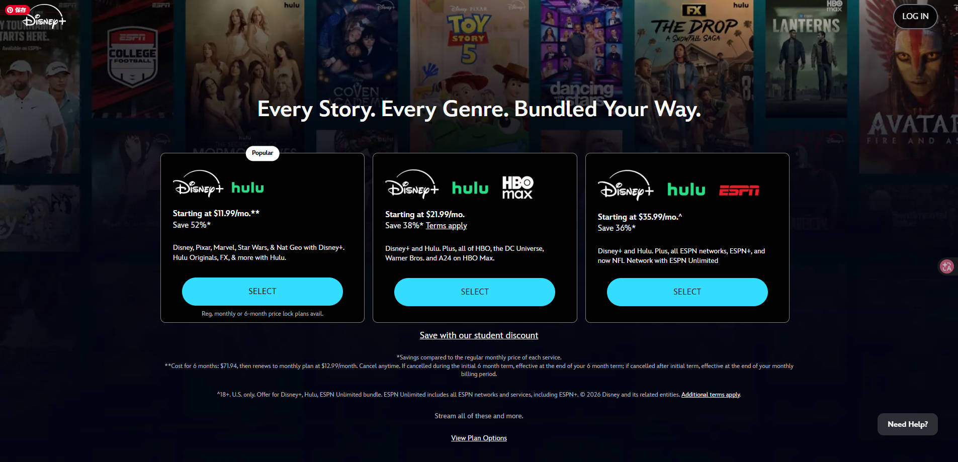 Disney+ official streaming website screenshot showing its movie and TV browsing experience
