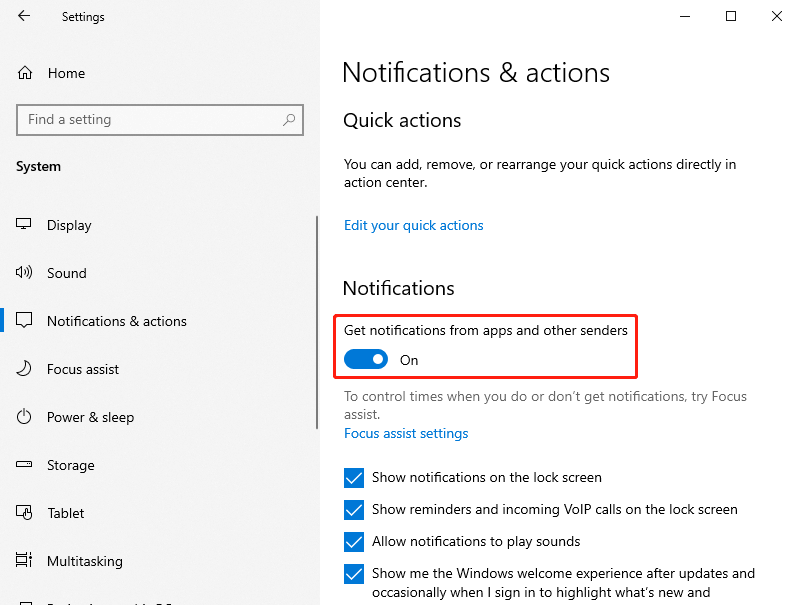 notifications and actions window