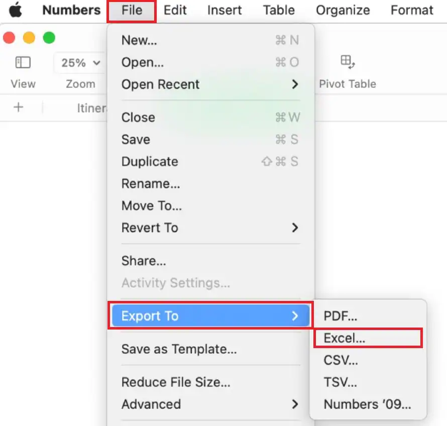 export numbers file to xlsx using numbers on mac