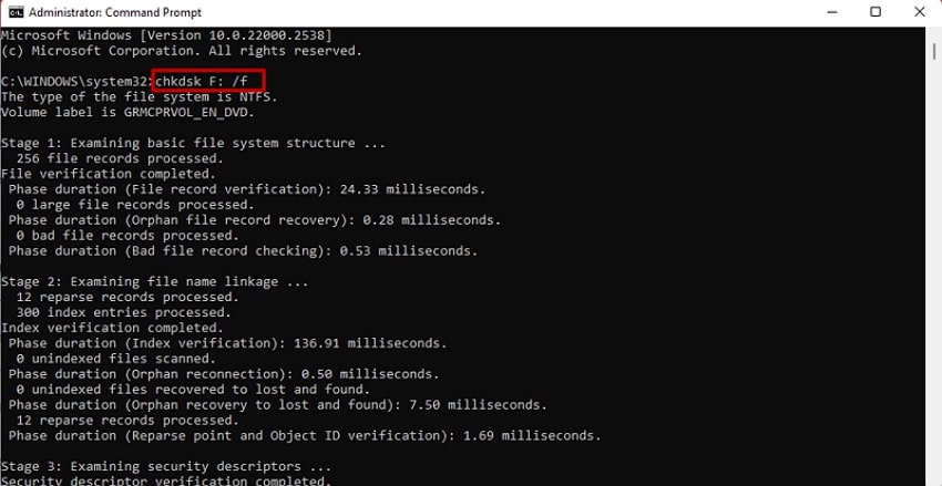 enter chkdsk and proceed