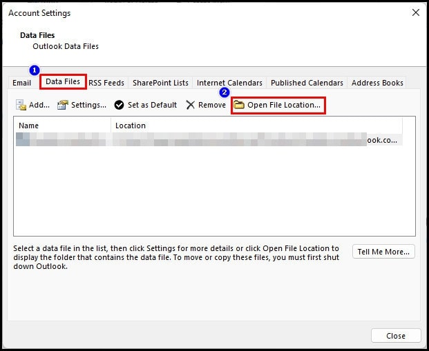 Abre la ubicación de los archivos de datos en Outlook