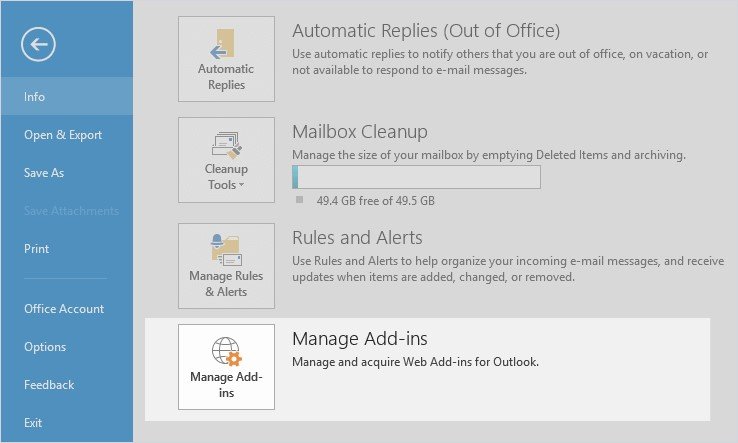 manage add-ins option in outlook