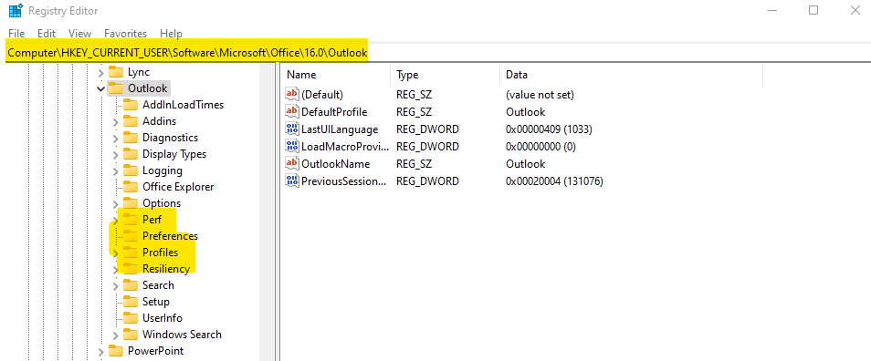 outlook registry 