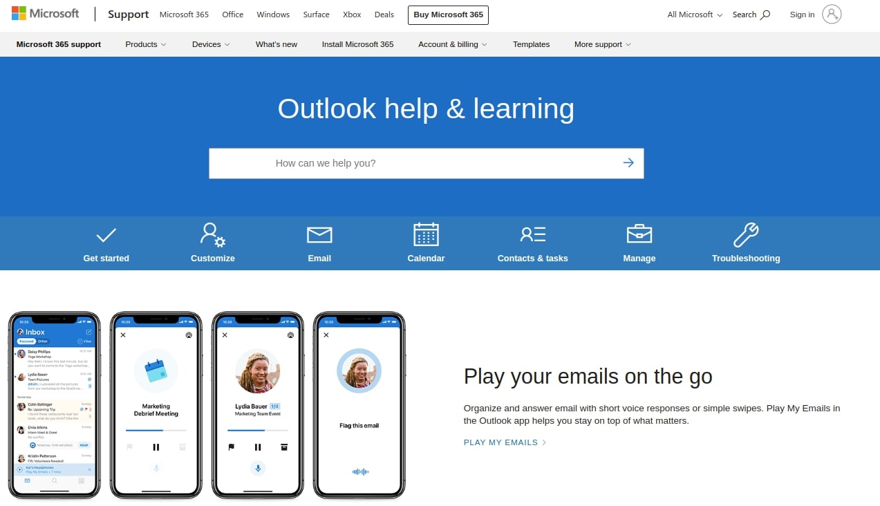 outlook help and support
