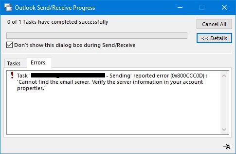 outlook mail send receive error