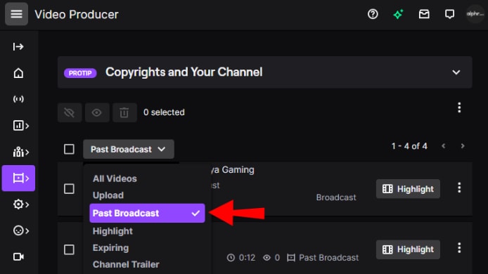 filtering VOD videos on twitch