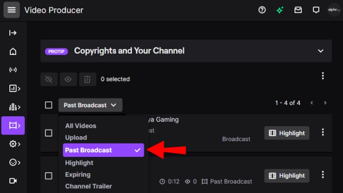 filtrage des vidéos vod sur twitch