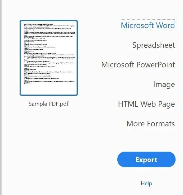 selecting microsoft word as the export format
