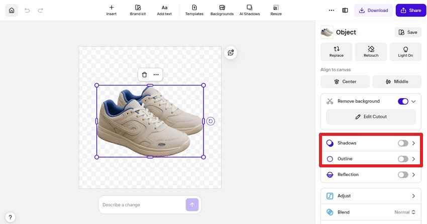 add photoroom shadow and outline