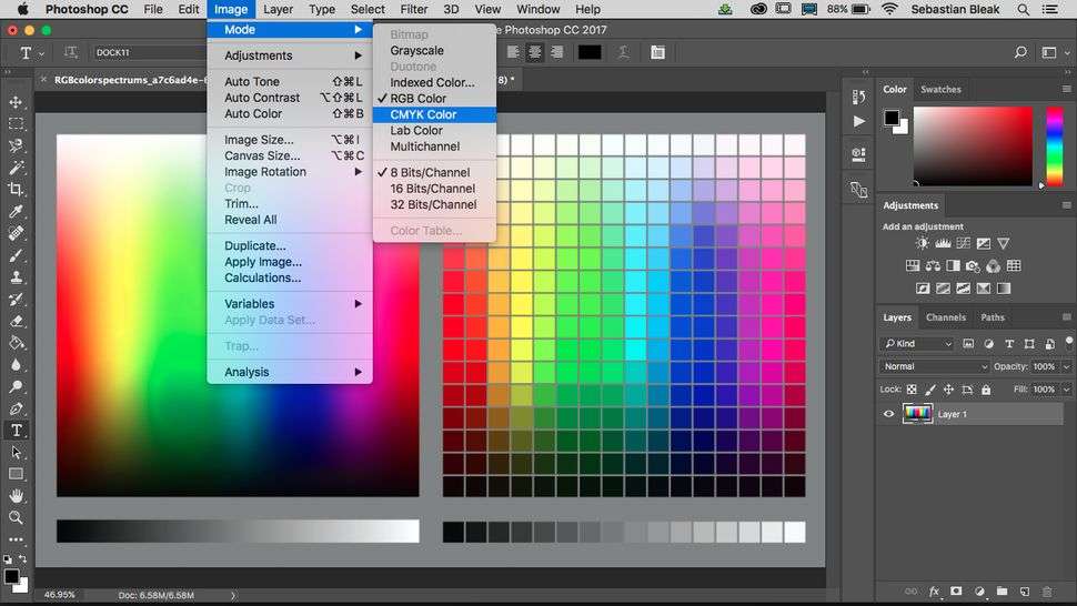 selecione o modo de imagem nas opções de cores disponíveis no photoshop