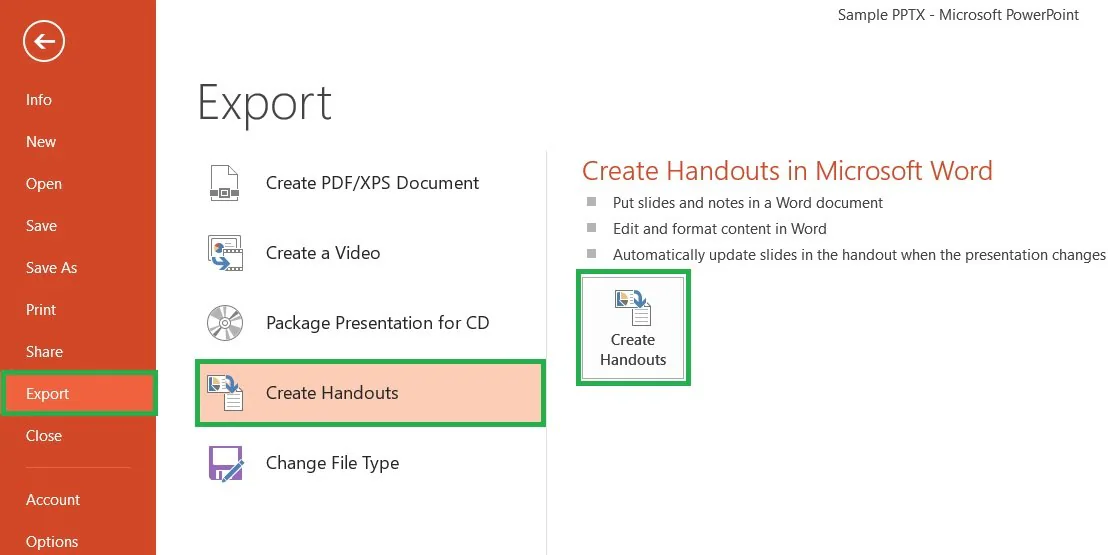 ms powerpoint export option