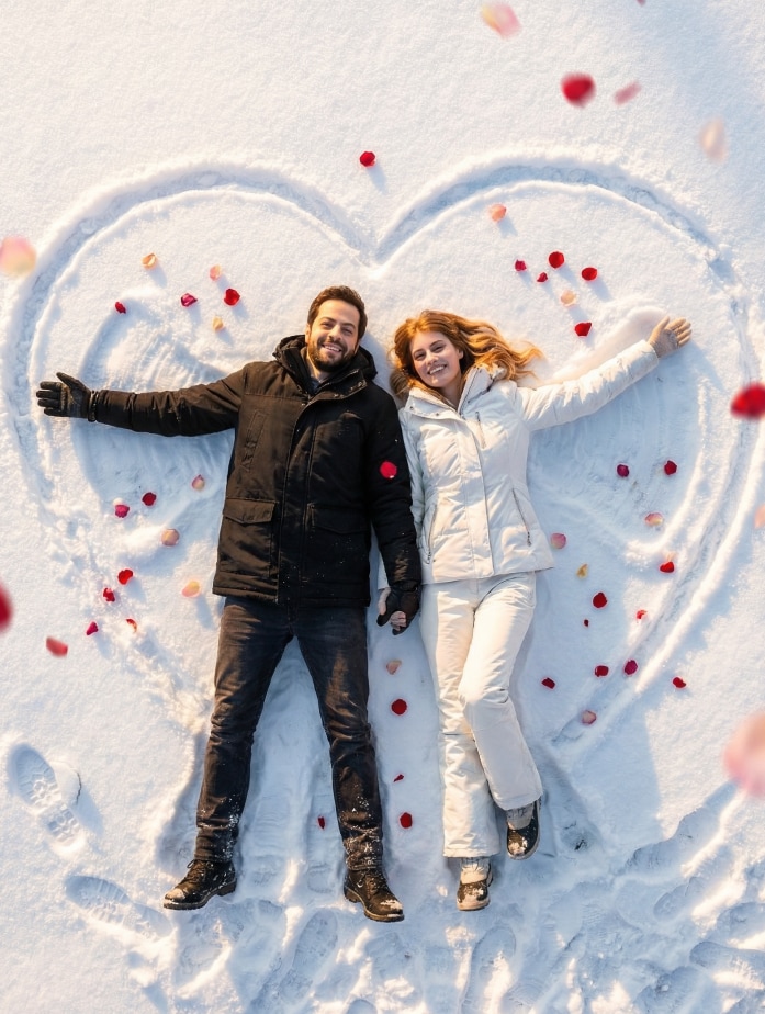Crea foto romantiche invernali: Guida AI per scene di cuori di neve