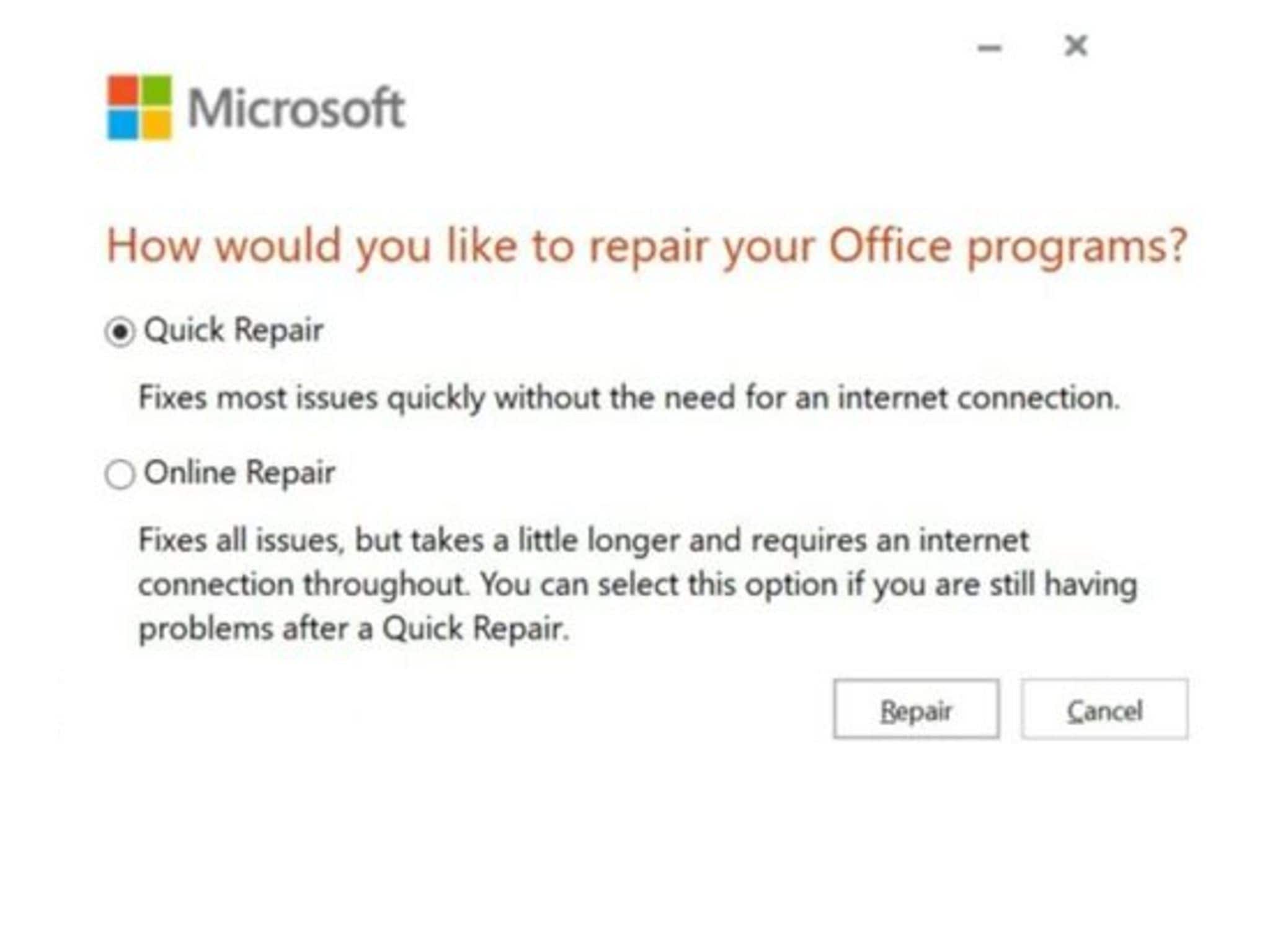 Reparación rápida de Microsoft Office