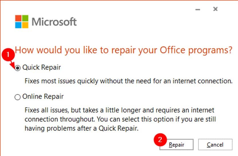 quick repair of the ms office application