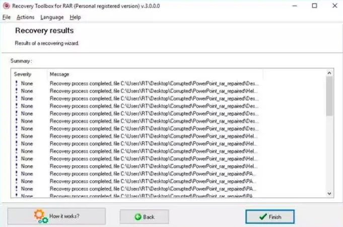 finished repairing rar file using recovery toolbox