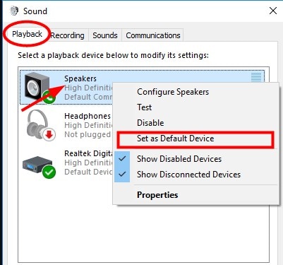 speakers default device
