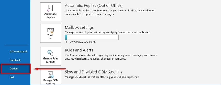 access outlook options