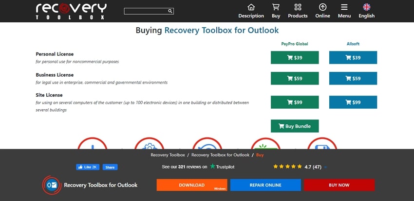 pricing of recovery toolbox for outlook