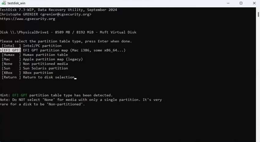 choose partition table and enter