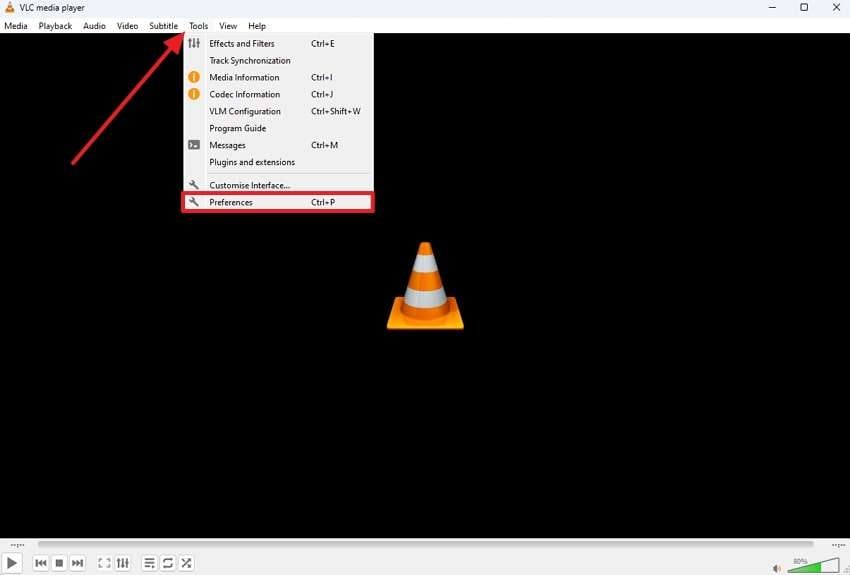 locate vlc preferences from tools menu 