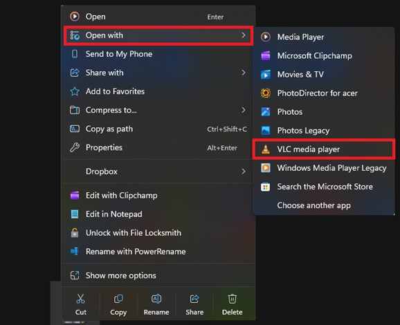open with vlc media player 