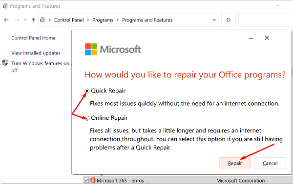 Repara Microsoft Office