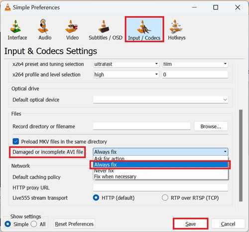 input & codecs settings 