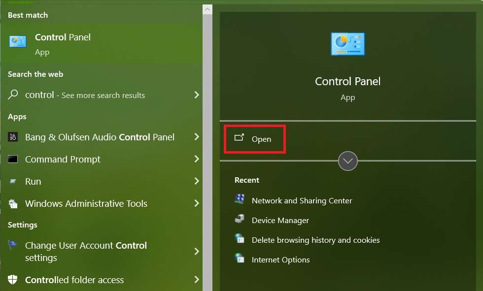 open the control panel from the start menu