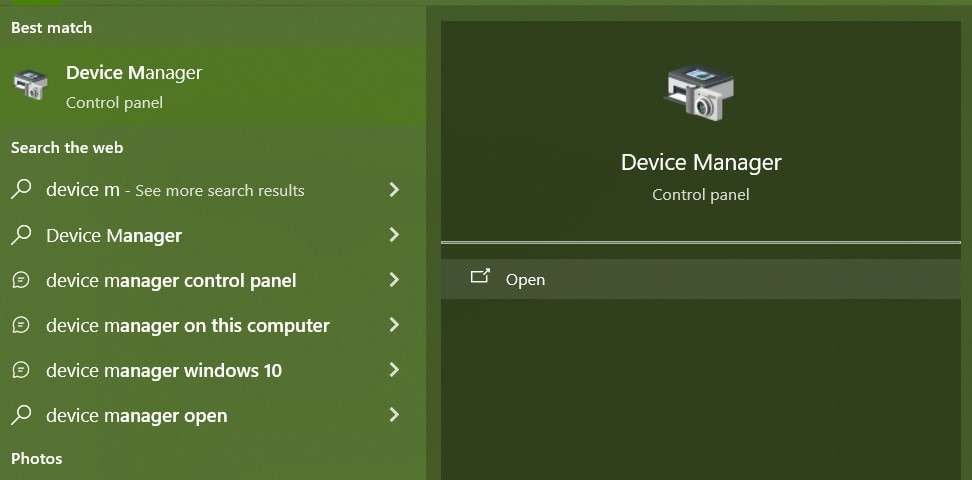 open the device manager from the start menu