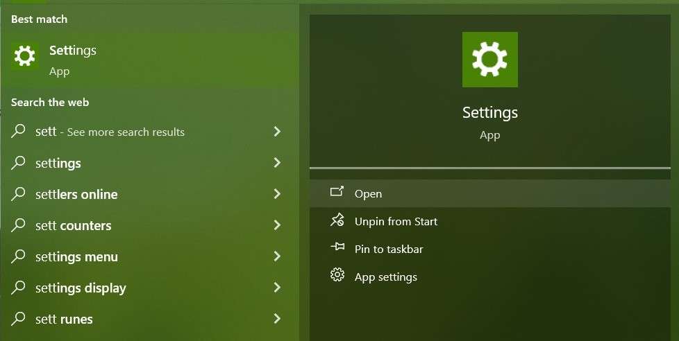 open settings from the start menu