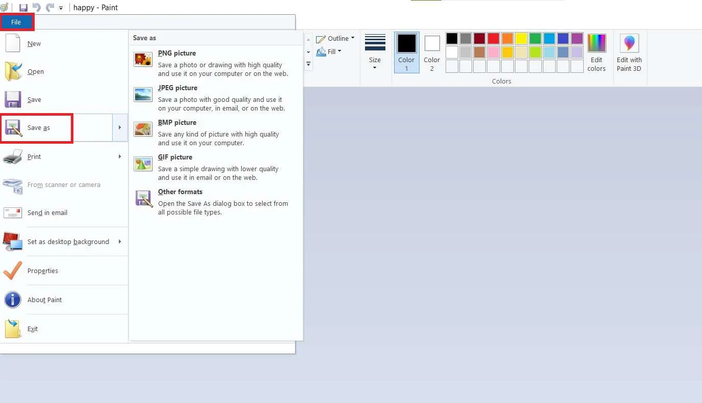 save image file in a different format in paint