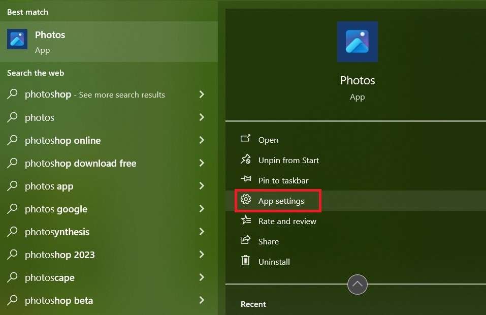 open app settings to repair windows photo viewer