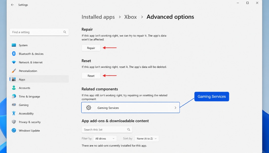repair xbox app and gaming services to fix ms-xbl error on pc