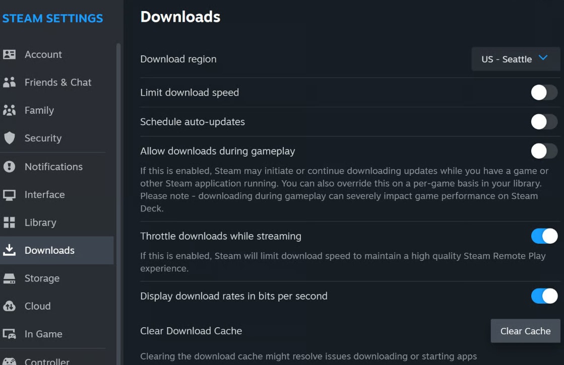 Steam settings downloads clear download cache button