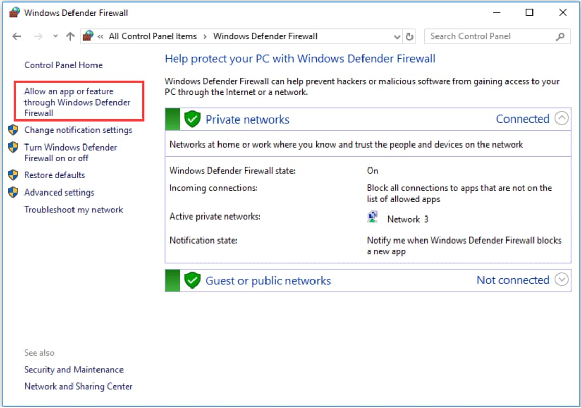 Windows Defender Firewall allow an app or feature through firewall