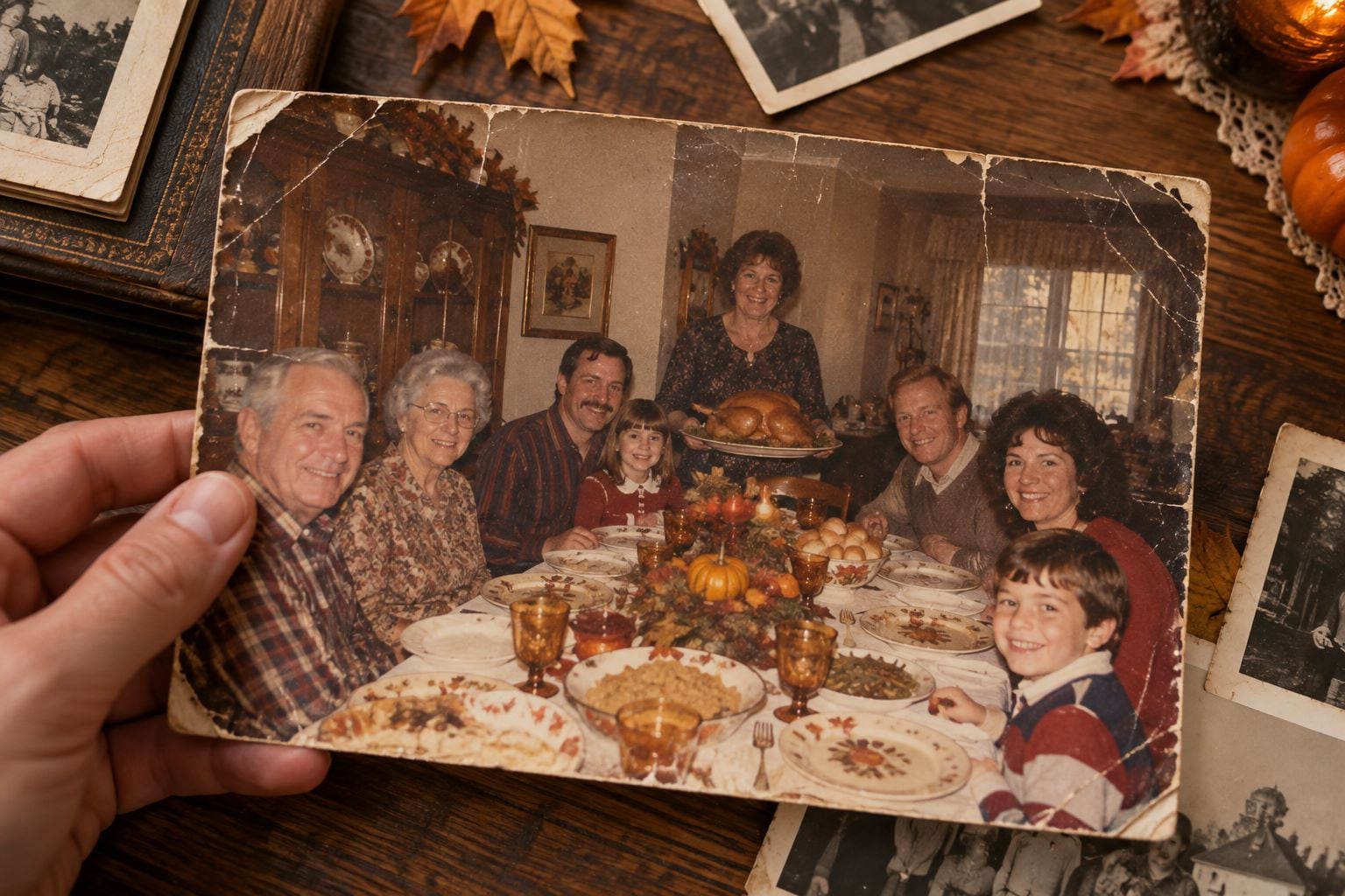 Common aging problems in old Thanksgiving family photos including fading and scratches