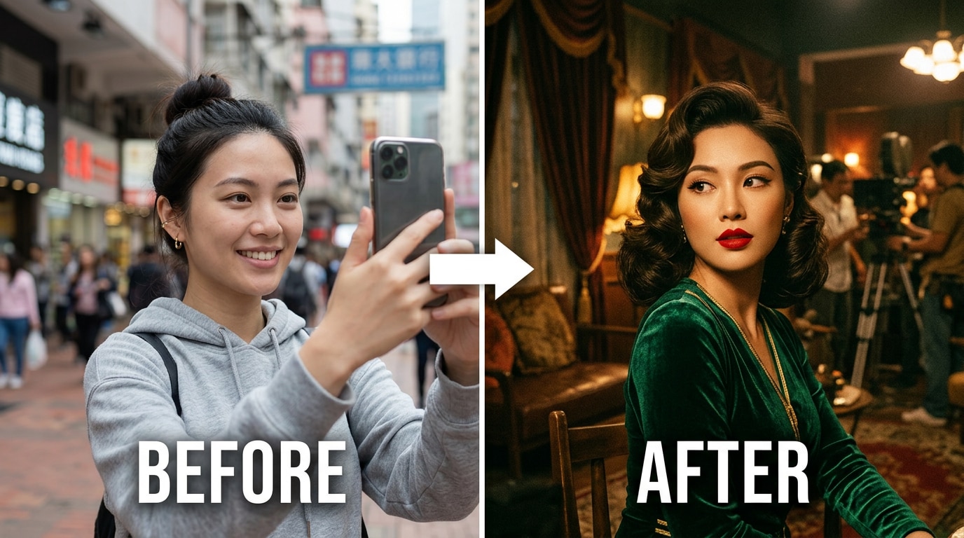 modern casual photo transformed into 1970s retro film actress style