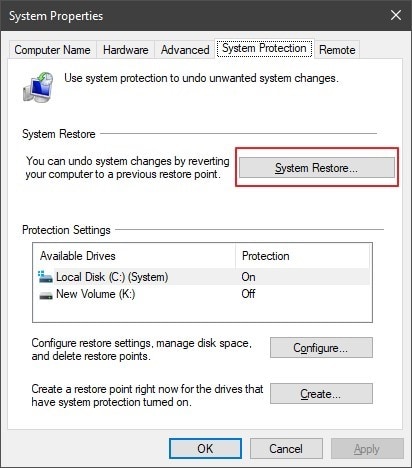tap on system restore button